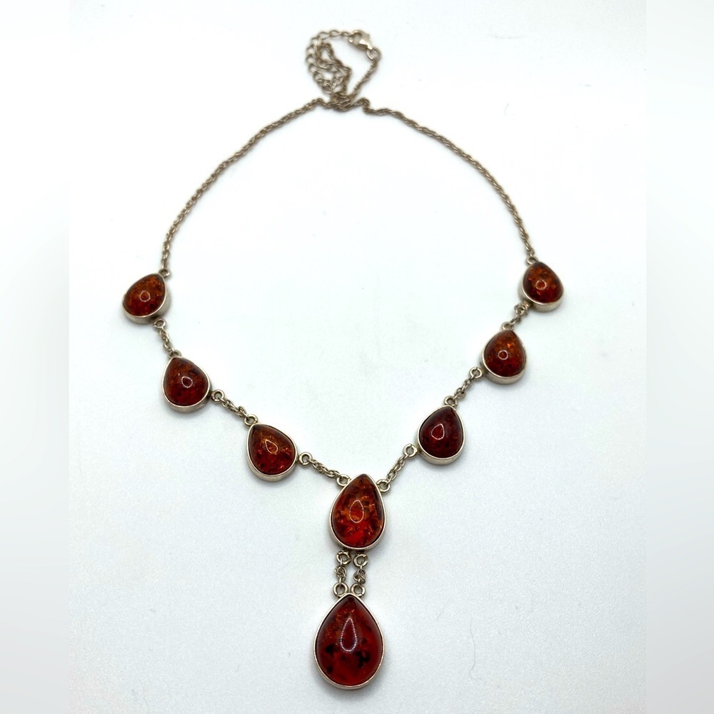 Vtg Sterling Baltic Amber Pear / Tear Drop Shape Stone Necklace 15” + 2” Ext